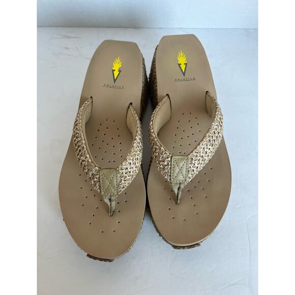 Volatile Island Natural Woven Tan Platform Wedge Thong Flip-Flop Sandals 10 - Picture 4 of 11